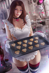  apron artist_name baking_sheet blurry blurry_background bottle breasts brown_hair choker collarbone commentary cookie cup drinking_glass dutch_angle english_commentary female final_fantasy final_fantasy_xiv food forehead freckles frilled_apron frills heart heart_choker hyur lips long_hair medium_breasts moogle naked_apron olchas oven_mitts patreon_logo patreon_username petals purple_eyes sideboob signature smile solo striped_clothes striped_thighhighs thighhighs valentine warrior_of_light_(ff14) wine_bottle wine_glass 