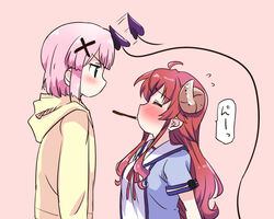  2girls ahoge blush brown_hair chiyoda_momo closed_eyes couple curled_horns demon_girl demon_horns demon_tail food hair_ornament horns long_hair long_tail looking_at_another machikado_mazoku mouth_hold mukaibi_aoi multiple_girls open_mouth pink_hair pocky pocky_kiss school_uniform short_hair tail tail_slapping tail_wagging translation_request yoshida_yuuko_(machikado_mazoku) yuri 