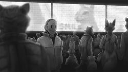  16:9 2020 ambiguous_gender ambiguous_species anthro canid canine clothed clothing felid fox fully_clothed fur greyscale group human ipoke jacket lagomorph leporid mammal mask monochrome pantherine rabbit screen tiger topwear widescreen 