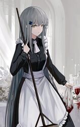  amamizu_shizuku apron blue_hair closed_mouth commentary_request crossed_bangs cup drinking_glass feet_out_of_frame female girls&#039;_frontline green_eyes highres hk416_(girls&#039;_frontline) holding holding_mop long_hair looking_at_viewer maid maid_apron mop simple_background solo standing table teardrop_facial_mark teardrop_tattoo wine_glass 