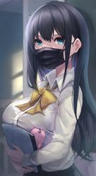  absurdres amane_sora black_hair blurry book bow bowtie bra collared_shirt female highres holding holding_book long_hair long_sleeves looking_at_viewer mask mouth_mask original see-through shirt sidelocks solo underwear upper_body white_shirt wrist_cuffs 