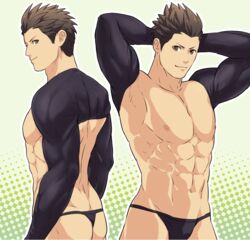  1boy abs arms_behind_head ass back bara black_hair brown_eyes closed_mouth jigoku_meguri large_pectorals looking_at_viewer male_focus muscular muscular_male navel nipples pectorals sengoku_basara short_hair shrug_(clothing) simple_background skin_tight smile solo spiked_hair thong tokugawa_ieyasu_(sengoku_basara) 