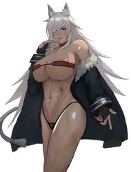  abs bandeau breasts choker cowboy_shot dark-skinned_female dark_skin eyepatch female fur-trimmed_jacket fur_trim ghislaine_dedoldia highleg highleg_panties highres jacket large_breasts long_hair memory342 muscular muscular_female mushoku_tensei navel obliques one-eyed panties red_choker red_eyes scar scar_on_stomach shiny_skin solo tail tail_ornament tail_ring underwear white_background white_hair 