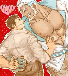  2boys 392mondo abs aegir_(housamo) aqua_hair ass_grab bara bare_pectorals beard blue_eyes couple dark-skinned_male dark_skin facial_hair fingernails fins fish_boy food grabbing_another&#039;s_ass grin groping interracial large_pectorals long_sideburns male_focus mature_male multicolored_hair multiple_boys muscular muscular_male nipples open_clothes open_shirt pectorals pocky pocky_day pocky_kiss protagonist_3_(housamo) sharp_fingernails short_hair sideburns size_difference smile stomach streaked_hair tokyo_afterschool_summoners unfinished white_hair yaoi 