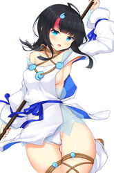  ahoge arm_up armpits bare_shoulders black_hair blue_eyes blue_sash blush breasts commentary_request cowboy_shot daichi_(tokoya) dress fate/grand_order fate/requiem fate_(series) female head_tilt highres holding long_hair looking_at_viewer medium_breasts open_mouth panties sash sideboob simple_background solo standing thighs underwear utsumi_erice white_background white_dress white_panties 