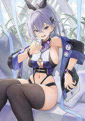  alternate_breast_size bare_shoulders black_thighhighs blush breasts catsmoon commentary crossed_bangs feet_out_of_frame female grey_eyes grey_hair hair_between_eyes hair_ornament highres honkai:_star_rail honkai_(series) jacket large_breasts long_hair long_sleeves looking_at_viewer navel off_shoulder open_clothes open_jacket open_mouth ponytail sideboob signature silver_wolf_(honkai:_star_rail) sitting smile solo thick_thighs thighhighs thighs 