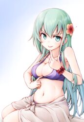  bikini bikini_pull breasts cleavage clothes_pull collarbone female flower gradient_background green_eyes green_hair hair_between_eyes hair_flower hair_ornament kantai_collection large_breasts long_hair meihemu navel pink_flower pulling_own_clothes purple_bikini sarong smile solo suzuya_(kancolle) swimsuit tongue tongue_out v-shaped_eyebrows white_sarong 