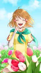  aplche blue_neckerchief blue_sky blurry brown_hair closed_eyes cloud commentary depth_of_field female fire_emblem fire_emblem:_path_of_radiance fire_emblem_cipher fire_emblem_heroes flower highres laughing mist_(fire_emblem) neckerchief shirt skirt sky smile tulip white_skirt white_sleeves yellow_shirt 