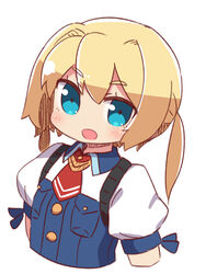  :d blonde_hair blue_dress blue_eyes blush collared_shirt commentary_request cropped_torso dress female frederica_irving hair_between_eyes highres looking_at_viewer naga_u necktie open_mouth puffy_short_sleeves puffy_sleeves red_necktie sekaiju_no_meikyuu shin_sekaiju_no_meikyuu shirt short_sleeves simple_background smile solo twintails upper_body white_background white_shirt 