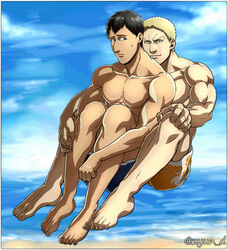  2boys alternate_costume beach behind_another bertolt_hoover between_legs black_hair blonde_hair blue_male_swimwear casual cloud cloudy_sky collarbone commentary_request dark-skinned_male dark_skin day male_focus male_swimwear multiple_boys orange_male_swimwear pectorals reiner_braun shingeki_no_kyojin short_hair sitting sky smile sweatdrop swim_trunks toned toned_male topless_male water yaoi zyunya 