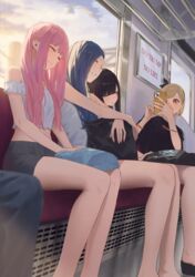  1other 4girls bag_on_lap bare_arms bare_legs bare_shoulders black_hair black_shirt blonde_hair blue_hair cropped_shirt drooling enokawa_kokoro_(hara_kenshi) facepaint hara_kenshi heart highres kimishima_touka kunitomi_ryouka kuroba_mitsuha leaning_on_person light_smile looking_at_phone mouth_drool multiple_girls off-shoulder_shirt off_shoulder original phone pink_hair shirt sitting sleeping sleeveless sleeveless_shirt sunlight sunset taking_picture train_interior 