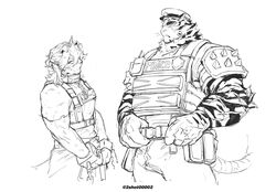  2boys absurdres animal_ears arknights bad_id bad_twitter_id bara bare_shoulders cropped_legs cuffs dog_boy dog_ears from_side furry furry_male greyscale handcuffs hat highres horns hung_(arknights) korean_commentary male_focus medium_hair monochrome mountain_(arknights) multiple_boys muscular muscular_male pectorals police police_hat police_uniform policeman scar scar_across_eye short_hair shoulder_spikes sigppang_(2shot00002) single_horn spikes tiger_boy tiger_ears unfinished uniform white_fur 