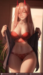  alternate_breast_size artist_name bra breasts chainsaw_man cleavage cross-shaped_pupils demon_horns female gumroad_logo gumroad_username highres horns jacket luminyu narrow_waist navel off_shoulder panties patreon_logo patreon_username pink_hair power_(chainsaw_man) red_bra red_horns red_panties sharp_teeth smile solo stomach symbol-shaped_pupils teeth twitter_logo twitter_username underwear undressing 