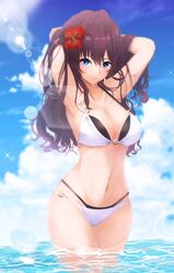  arm_behind_head armpits arms_behind_head arms_up bare_arms bikini blue_eyes blue_sky breasts cleavage cloud collarbone cowboy_shot day female flower hair_flower hair_ornament hand_in_own_hair hibiscus highres ichinose_shiki idolmaster idolmaster_cinderella_girls layered_bikini lens_flare long_hair looking_at_viewer medium_breasts navel o-ring o-ring_bikini ocean outdoors red_flower red_hair ryuu. sky smile solo sparkle sunlight swimsuit wading water wet wet_hair white_bikini 