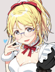  adjusting_eyewear ayase_eli bespectacled blonde_hair blue_eyes blue_heart breasts cleavage commentary_request earrings female glasses grey_background heart jewelry large_breasts lips long_hair love_live! love_live!_school_idol_project maid nail_polish ponytail portrait rimless_eyewear shiny_skin sidelocks skull573 solo 