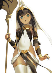  :o aqua_eyes arm_at_side bare_shoulders breasts brown_hair commentary covered_navel dark-skinned_female dark_skin egyptian female gold_trim golden_town_guide_(km_yama) highres holding holding_staff km_yama looking_at_viewer medium_hair original small_breasts solo staff teeth thigh_gap thighhighs upper_teeth_only usekh_collar white_background 