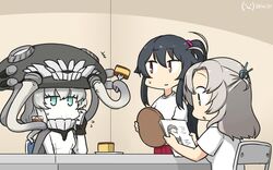  3girls abyssal_ship alternate_costume black_hair cake castella_(food) colored_skin commentary_request dated food glass green_eyes grey_hair hair_tie hamu_koutarou headgear highres kantai_collection kinugasa_(kancolle) kinugasa_kai_ni_(kancolle) long_hair medium_hair multiple_girls one-hour_drawing_challenge one_side_up pale_skin ponytail reading red_eyes shirt sidelocks t-shirt table teeth tentacle tray white_shirt white_skin wo-class_aircraft_carrier yahagi_(kancolle) 