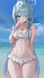  absurdres beach bikini blue_archive blue_eyes blue_hair blue_halo blue_sky braid breasts closed_mouth colored_inner_hair female frilled_bikini frills general_student_council_president_(blue_archive) hair_over_one_eye hair_over_shoulder halo hand_on_own_chin highres large_breasts long_hair multicolored_hair navel ocean outdoors pink_hair r0_0ong single_braid sky smile solo stomach swimsuit very_long_hair white_bikini 