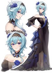  asymmetrical_hair bare_shoulders black_dress black_hairband blue_flower blue_hair blue_rose breasts butterfly_hair_ornament closed_mouth detached_collar dress eula_(genshin_concert)_(genshin_impact) eula_(genshin_impact) female flower genshin_impact gradient_eyes hair_ornament hairband high_heels highres large_breasts long_dress long_hair looking_at_viewer mon-chan multicolored_eyes multiple_views off-shoulder_dress off_shoulder official_alternate_costume purple_eyes rose smile white_background 