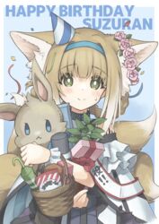  :&lt; absurdres animal_ear_fluff animal_ears arknights basket black_collar blonde_hair blue_background blue_hairband blush border box braid character_name collar dress female fox_ears fox_girl fox_tail gift gift_box green_eyes hairband happy_birthday hat head_wreath highres holding holding_stuffed_toy infection_monitor_(arknights) looking_at_viewer material_growth multicolored_hair multiple_tails oripathy_lesion_(arknights) party_hat plant semi_colon short_hair simple_background smile solo streaked_hair stuffed_animal stuffed_rabbit stuffed_toy suzuran_(arknights) sweatdrop tail upper_body white_border white_dress white_hair 