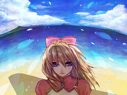  beach blonde_hair blue_eyes bow chrono_cross clarityblue cloud commentary_request day female hairbow kid_(chrono_cross) long_hair ocean outdoors photoshop_(medium) sky smile solo 