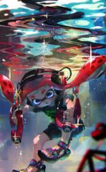  air_bubble bad_id bad_pixiv_id bare_arms bare_legs bike_shorts black_shorts blue_eyes blunt_bangs bubble commentary dapple_dualies_(splatoon) diving dual_wielding female hands_in_pockets headphones highres holding holding_weapon inkling inkling_girl inkling_player_character kashu_(hizake) knees_up long_hair looking_down open_mouth red_hair sandals shirt short_sleeves shorts solo splatoon_(series) sports_sandals submerged t-shirt tentacle_hair toes underwater water weapon 