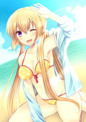  agekichi_(heart_shape) bad_id bad_pixiv_id bikini blonde_hair female jacket kuu_(agekichi) long_hair one_eye_closed open_clothes open_jacket original purple_eyes solo swimsuit twintails yellow_bikini 