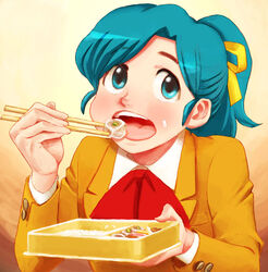  bad_id bad_pixiv_id bento chopsticks commentary_request eating female food food_on_face green_hair hair_ribbon high_school!_kimengumi lafolie long_hair open_mouth ponytail ribbon rice rice_on_face shumai_(food) solo uru_chie 