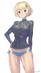  bikini bikini_bottom_only blonde_hair blue_eyes blush breasts commentary_request covered_navel female hair_ornament highres large_breasts phalanx_(sekaiju) phalanx_2_(sekaiju) raglan_sleeves rash_guard sekaiju_no_meikyuu sekaiju_no_meikyuu_3 short_hair signature simple_background skin_tight solo swimsuit takamine_nadare white_background 