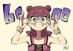  adjusting_glasses armpits arms_up bare_shoulders beige_background blush collarbone double_bun female female flat_chest glasses gradient green-framed_eyewear green-framed_glasses green_eyes lolicon maroon_hair original pink_shirt scrunchie shirt simple_background sleeveless sleeveless_shirt smile solo teeth text translation_request upper_body watson wrist_scrunchie 