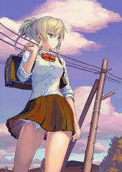  bad_id bad_pixiv_id bag blonde_hair blue_eyes blue_sky bow bowtie brown_skirt cloud conductor expressionless female looking_afar original outdoors over_shoulder pole school_bag school_uniform shirt short_sleeves skirt sky solo standing utility_pole washi_no_tosaka white_shirt wind 