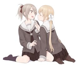  2girls bad_id bad_pixiv_id blonde_hair blush closed_eyes commentary_request grey_hair hair_ribbon highres holding_another&#039;s_wrist imminent_kiss kneeling multiple_girls nnyu open_mouth original red_eyes revision ribbon school_uniform serafuku simple_background skirt sweatdrop twintails yuri 