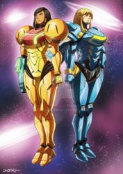  black_hair blonde_hair blue_eyes brown_eyes cosplay costume_switch crossover dark_skin earrings facial_mark facial_tattoo full_body gun hair_tubes jewelry long_hair metroid multiple_girls onichan-xd overwatch pharah_(overwatch) pharah_(overwatch)_(cosplay) ponytail samus_aran samus_aran_(cosplay) short_hair tattoo varia_suit weapon 