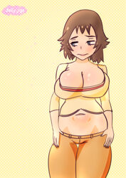  3: arms_at_sides artist_name averting_eyes bad_anatomy breasts brown_hair bursting_breasts cardigan closed_mouth cowboy_shot crop_top embarrassed female flipped_hair hands_on_own_hips jellyjigs large_breasts legs_together lipstick looking_to_the_side lowleg lowleg_pants makeup mature_female midriff navel orange_pants oyakodon:_oppai_tokumori_bonyuu_tsuyudaku_de pants pink_lips polka_dot polka_dot_background raised_eyebrows red_shirt sakie_(oyakodon) self-upload shirt short_hair solo sparkle standing thick_thighs thigh_gap thighs yellow_background yellow_shirt 