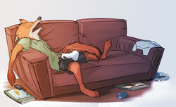  2016 3_toes 4_fingers anthro bodily_fluids book box can canid canine container controller dante-ml disney drooling duo feet fingers food fox fruit fur furniture legume male mammal nick_wilde open_mouth pea_(food) pizza plant reclining remote_control saliva simple_background sleeping sofa spread_legs spreading toes vegetable zootopia 