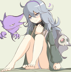  @_@ ahoge bare_legs barefoot blush book commentary_request dress duskull eighth_note feet female hairband haunter hex_maniac_(pokemon) highres holding holding_book hugging_book hugging_object long_hair looking_away messy_hair muroi_(fujisan0410) musical_note pale_skin panties pantyshot pokemon pokemon_(creature) pokemon_xy purple_eyes purple_hair purple_hairband sitting smile sweater underwear white_panties 