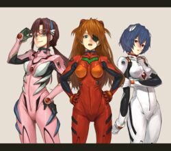  3girls ayanami_rei blue_eyes breasts brown_hair eyepatch large_breasts long_hair makinami_mari_illustrious masatou multiple_girls neon_genesis_evangelion plugsuit ponytail red_eyes shirabi_(life-is-free) short_hair smile soryu_asuka_langley souryuu_asuka_langley 