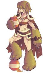  :o angry animal_ears animal_hands arm_belt bear_ears bear_paws blush breasts brown_hair cape claws commentary cyzir_visheen fangs female fur_trim highres holding honey midriff monster_girl open_mouth original pot scar scar_on_face short_hair simple_background slit_pupils small_breasts solo teeth torn_cape torn_clothes v-shaped_eyebrows white_background yellow_eyes 