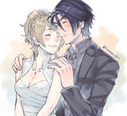  1boy aged_up black_hair blonde_hair blush braid breasts cleavage closed_eyes couple dress female final_fantasy final_fantasy_xv formal hands_on_another&#039;s_shoulders isakawa_megumi jewelry lunafreya_nox_fleuret medium_breasts necklace noctis_lucis_caelum smile straight suit upper_body 