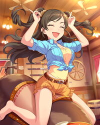  :d ^_^ barefoot belt ceiling_fan closed_eyes cowboy_western curtains female fringe_trim front-tie_top gun horns_pose idolmaster idolmaster_cinderella_girls indoors jpeg_artifacts lever_action mechanical_bull nonomura_sora official_art open_mouth orange_shorts rifle shirt shorts smile solo tied_shirt two_side_up weapon window 