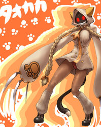  animal_ears arc_system_works asazero blazblue blonde_hair boots braid breasts cat_ears cat_tail claws dark-skinned_female dark_skin dark_skinned_female female female glowing glowing_eyes grin hood long_hair panties pantyshot red_eyes red_panties smile solo tail taokaka tomoyohi twin_braids underwear 