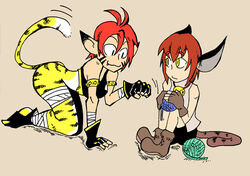  2girls animal_ears animal_print bare_shoulders bell breath_of_fire breath_of_fire_ii brown_hair cat_ears cat_tail collar commentary dark_cloud english_commentary fingerless_gloves gloves multiple_girls neck_bell oerba_yun_fang paw_pose photoshop_(medium) pointy_ears red_hair rinpoo_chuan setz sitting slit_pupils tail tiger_print xiao_(dark_cloud) yarn yarn_ball yellow_eyes 