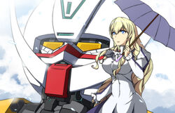  altronage blonde_hair blue_eyes breasts commentary_request cosplay dianna_soreil dress drill_hair female gundam hair_between_eyes jewelry kihel_heim kihel_heim_(cosplay) large_breasts long_hair long_sleeves looking_afar mecha parasol photoshop_(medium) puffy_long_sleeves puffy_sleeves ring robot solo_focus taut_clothes taut_dress tight_clothes tight_dress turn_a_gundam turn_a_gundam_(mobile_suit) umbrella white_dress 