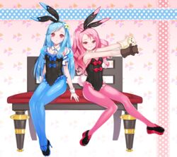  2girls anais_del_caril animal_ears bench benya_(tales_weaver) between_breasts blue_bow blue_hair bow breasts commentary_request detached_collar diamond_(shape) fake_animal_ears floral_background flower frills hair_flower hair_ornament hand_puppet heart high_heels leecheie long_hair looking_at_viewer matching_outfits multiple_girls pantyhose pink_hair pink_legwear playboy_bunny polka_dot ponytail puppet rabbit_ears rabbit_tail red_bow red_eyes see-through sitting sleeveless small_breasts smile stuffed_animal stuffed_toy swept_bangs tail tales_weaver teddy_bear very_long_hair wavy_hair white_flower wrist_cuffs 