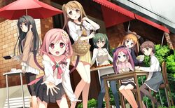  6+girls ayase_sayuki basket black_hair black_legwear blue_eyes blush book brown_eyes brown_hair coffee_mug cup dress enomoto_kaho flower fujimura_natsuki green_eyes green_hair hair_flower hair_ornament hairclip highres hirosaki_kanade ichinose_hotori kantoku leggings long_hair looking_at_viewer minagawa_yuuhi mug multiple_girls open_mouth orange_hair pantyhose pink_eyes pink_hair pleated_skirt ponytail single_hair_intake skirt smile twintails yellow_dress your_diary yua_(your_diary) 