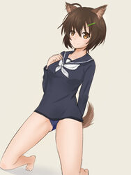  ahoge animal_ear_fluff animal_ears ass_visible_through_thighs brave_witches brown_eyes brown_hair commentary_request female hair_ornament hairclip karibuchi_hikari kneeling one-piece_swimsuit pyuu_(the_last_assassins) school_swimsuit school_uniform serafuku smile solo squirrel_ears squirrel_girl squirrel_tail swimsuit tail world_witches_series 