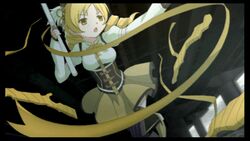  black_border blonde_hair border corset detached_sleeves drill_hair female game_cg gun hair_ornament magical_girl magical_musket mahou_shoujo_madoka_magica mahou_shoujo_madoka_magica_portable musket official_art puffy_sleeves ribbon rifle skirt solo striped_clothes striped_thighhighs thighhighs tomoe_mami tomoe_mami_(magical_girl) vertical-striped_clothes vertical-striped_thighhighs weapon yellow_eyes 