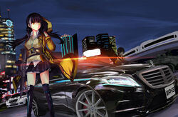  2girls armored_vehicle assault_rifle black_gloves black_hair black_skirt blonde_hair building car chinese_commentary city_lights colt_9mm_smg commentary_request eyepatch girls&#039;_frontline gloves gun headphones heterochromia highres holding holding_gun holding_weapon hood hooded_jacket jacket long_hair m16 m16a1 m16a1_(girls&#039;_frontline) mercedes-benz military military_vehicle motor_vehicle multicolored_hair multiple_girls necktie night orange_eyes outdoors particle_cannon_case photoshop_(medium) police_car pouch rifle ro635_(girls&#039;_frontline) serious skirt streaked_hair striped stryker sweater_vest thighhighs tianyu_jifeng train trigger_discipline vehicle_focus weapon white_hair yellow_eyes zettai_ryouiki 