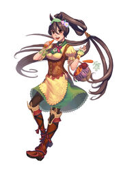  :d animal_ears apple bad_id bad_pixiv_id basket brown_eyes brown_footwear brown_hair carrot female flower food fruit green_skirt hair_flower hair_ornament highres horse_ears horse_girl long_hair open_mouth personification photoshop_(medium) ponytail shinoda_yuu shounan_adela skirt smile solo standing umabi 