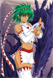  1990s_(style) annet_myer bare_shoulders blade boomerang cowboy_shot crop_top dark-skinned_female dark_skin demon detached_sleeves dragon el_viento fantasy female gameplay_mechanics green_hair hastur headband incan midriff monster navel pelvic_curtain purple_eyes retro_artstyle short_hair solo source_request spell spoilers standing thighhighs white_thighhighs wolfteam 